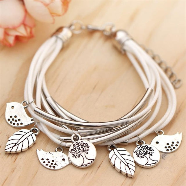 Black/Brown/Beige Colors Multi Layers Leather Bracelet Women Handmade Charm Bangle Mini Birds Pendant Wrist Bracelet