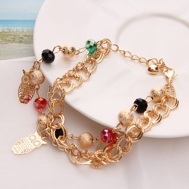 Gold Color Multilayer Beaded Pendant Bracelets and Bangles Fashion Women Heart Butterfly Charm Bracelet Jewelry Accessories