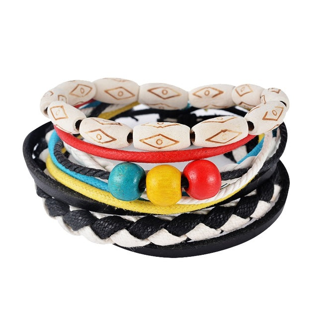 1Set (3-4PCs) Leather Bracelet Men Multilayer Bead Bracelet Punk Wrap Bracelets for Women Vintage punk Men Jewelry