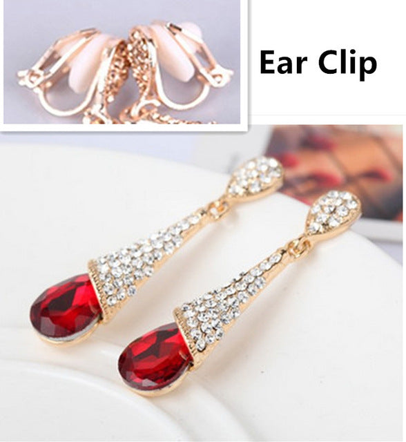 Fashion Luxury Rhinestone Crystal Water Drop Long Earrings Jewelry Bride Wedding Earrings Non Pierced Ear Clip Ear Cuff