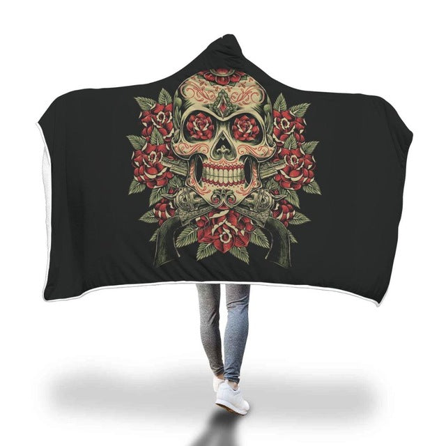 Sugar Skull Printed Cool Hooded Blanket for Adults Kids Sherpa Fleece Wearable Picnic Bed Sofa Throw Warm Blankets 150x200cm