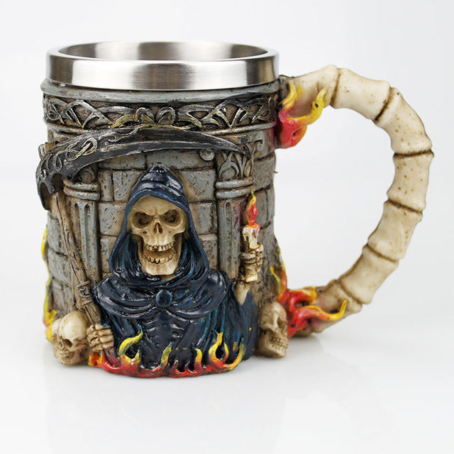 Skull Mug Contain Viking Skeleton Death Grim Knight Gothic Design Coffee Beer Tankard Mugs