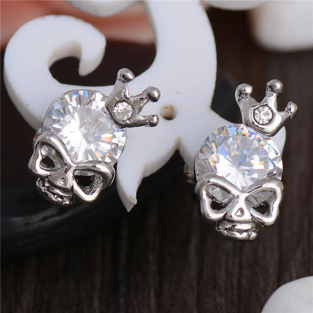 Special Skull With Imperial crown Shape 1pair Silver Color CZ Cubic Zirconia Stud Earrings For Women Wholesale