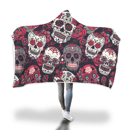 Velvet Plush Warm Hooded Blanket for Adults Red Sugar Skull Printed Floral Sherpa Throw Blanket Gothic Microfiber 150cmx200cm