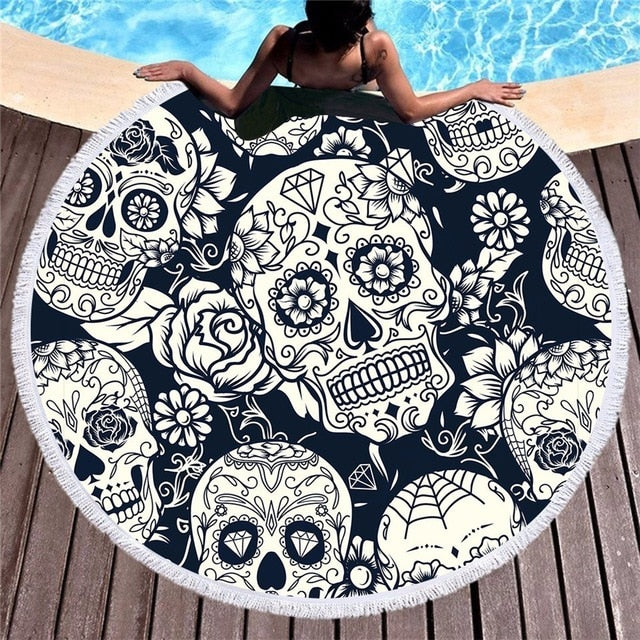 Colour Skull Hippie Flower Round Beach Towel