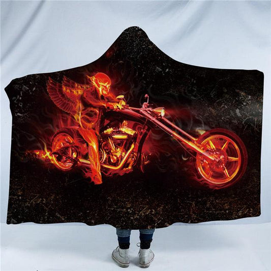 Skull Collection Hooded Blanket for Adults Flame Motorcycle Sherpa Fleece Wearable Blanket Throw Blanket Bedding