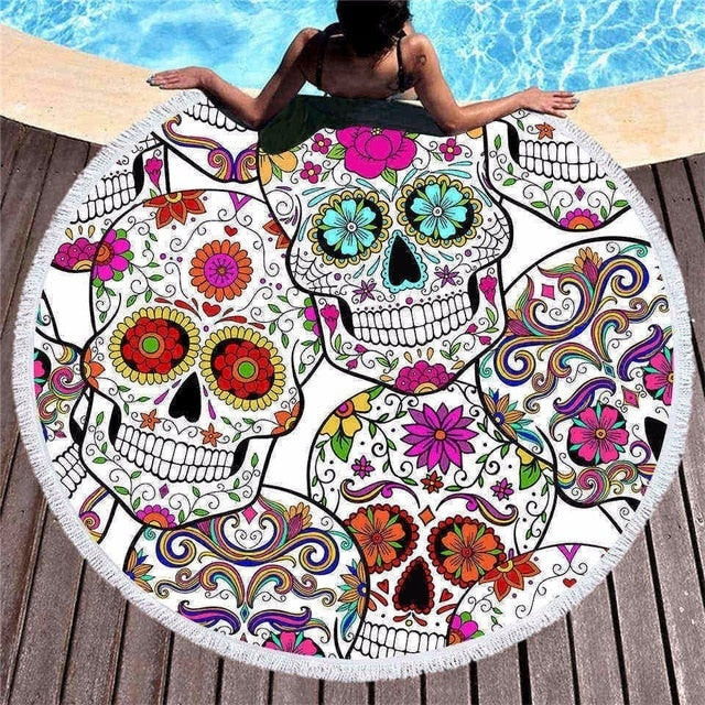 Colour Skull Hippie Flower Round Beach Towel