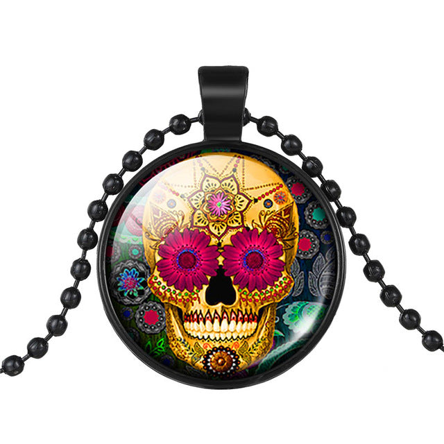 Classic Mexico Sugar Skull Pendants Necklace Vintage Jewelry Glass Cabochon Statement Necklace For Women Gift 1PC