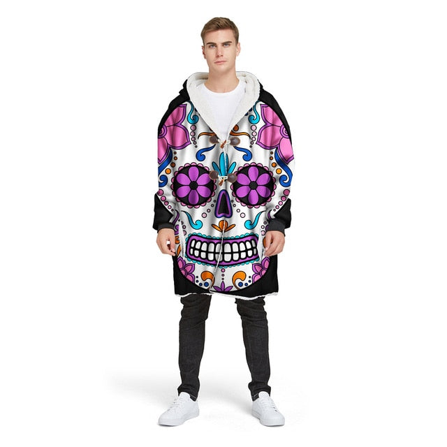 3D Sugar Skull Hooded Blanket with Sleeve Red Rose Taro Wearable Blanket