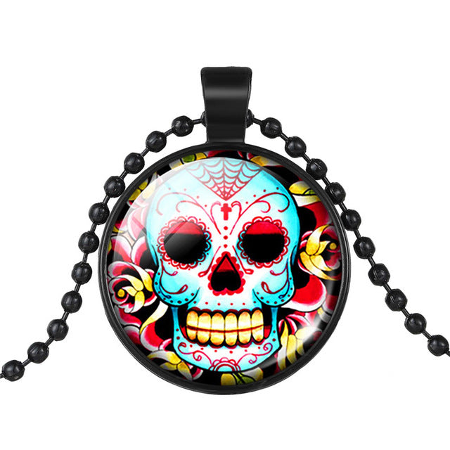 Classic Mexico Sugar Skull Pendants Necklace Vintage Jewelry Glass Cabochon Statement Necklace For Women Gift 1PC