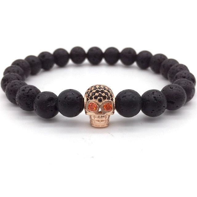 Hot Fashion Trendy Skeleton Charm Bracelet For Men Women CZ Skull Head Men Bracelet Lava Stone Jewelry Gift