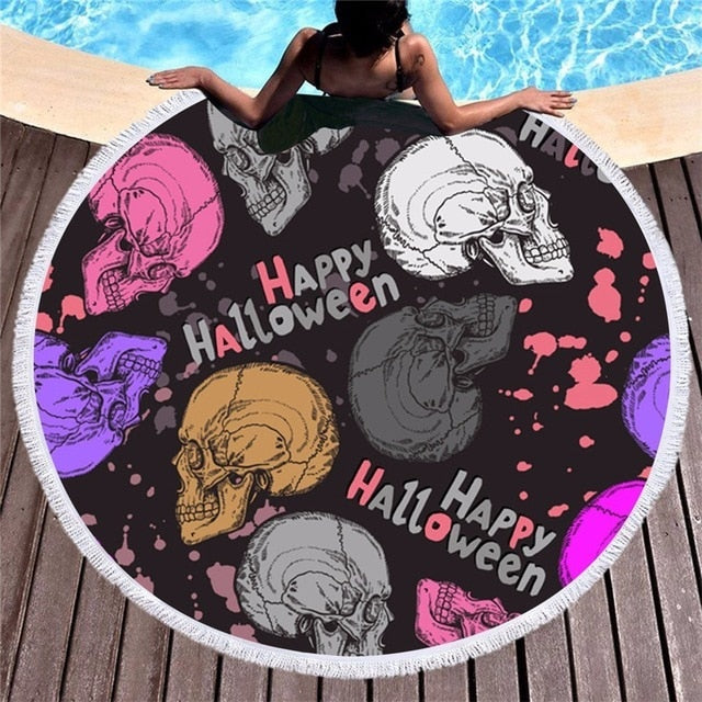 Colour Skull Hippie Flower Round Beach Towel