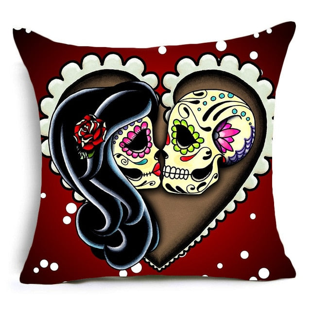 Skull Pattern Cushion Cover Colorful Print Polyester Pillow Casr