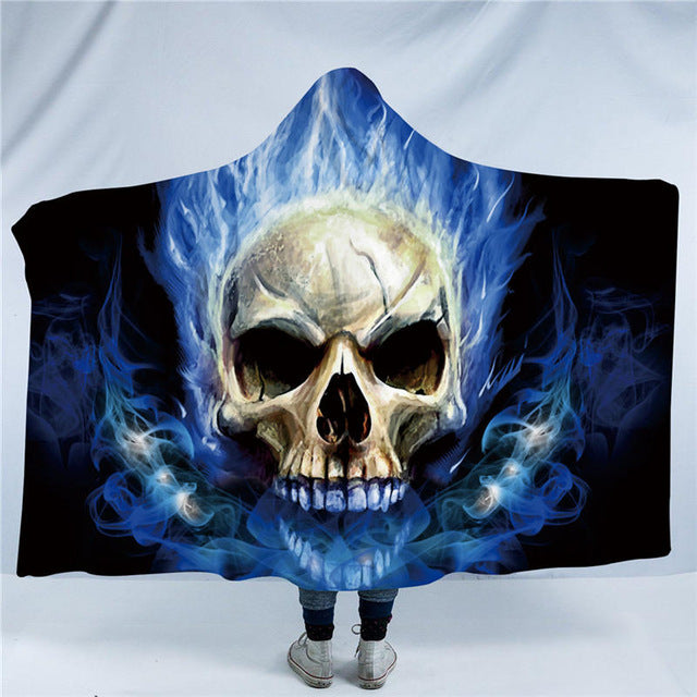 BeddingOutlet Skull Collection Hooded Blanket 3d Blue Fire Flame Sherpa Fleece Wearable Blanket Floral Stylish Throw Blanket