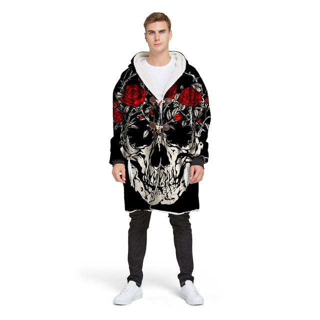 3D Sugar Skull Hooded Blanket with Sleeve Red Rose Taro Wearable Blanket