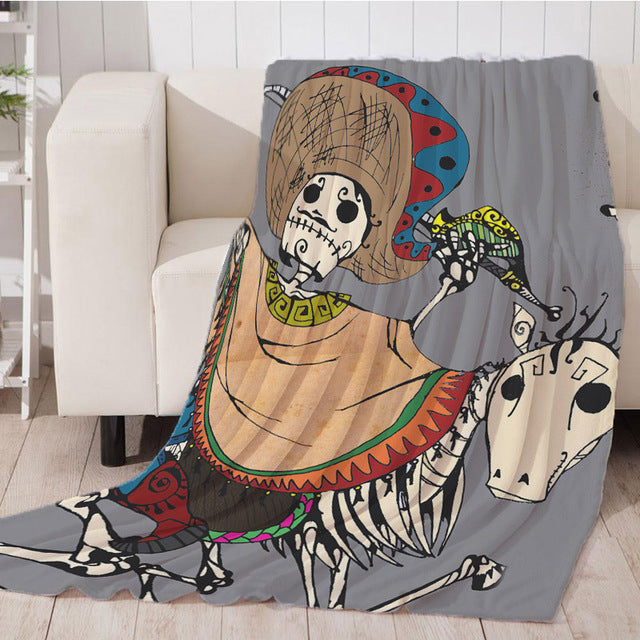 Custom Flannel Fleece Fabric Blanket Suger Skull and Flower Sofa Bed Throw Blanket Kid Adult Warm Black Blanket Dropship