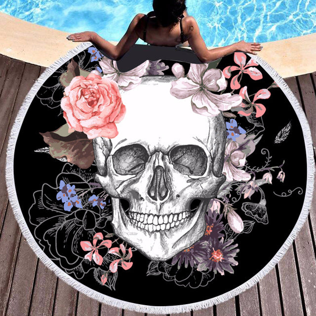 Colour Skull Hippie Flower Round Beach Towel