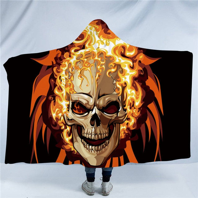 BeddingOutlet Skull Collection Hooded Blanket 3d Blue Fire Flame Sherpa Fleece Wearable Blanket Floral Stylish Throw Blanket