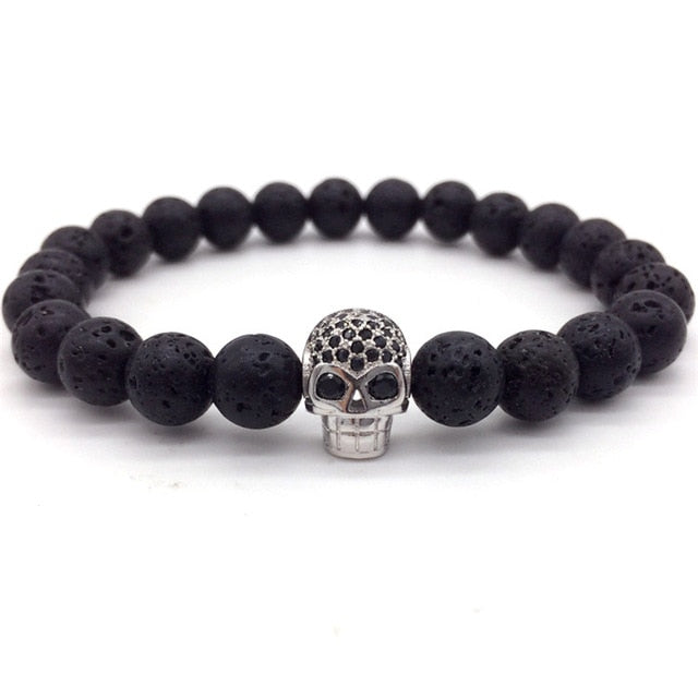 Hot Fashion Trendy Skeleton Charm Bracelet For Men Women CZ Skull Head Men Bracelet Lava Stone Jewelry Gift