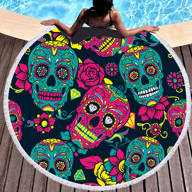 Colour Skull Hippie Flower Round Beach Towel