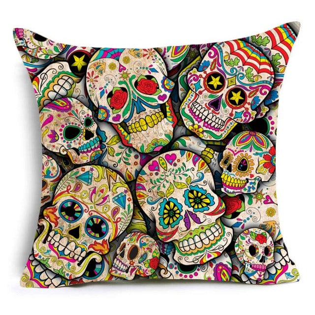 Skull Pattern Cushion Cover Colorful Print Polyester Pillow Casr