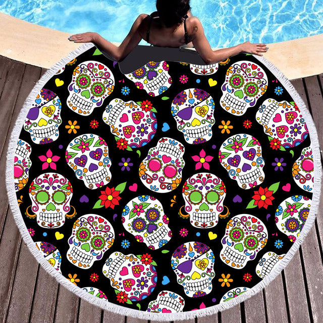 Colour Skull Hippie Flower Round Beach Towel