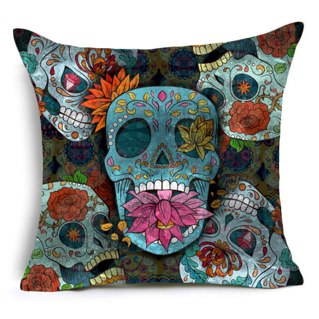 Skull Pattern Cushion Cover Colorful Print Polyester Pillow Casr