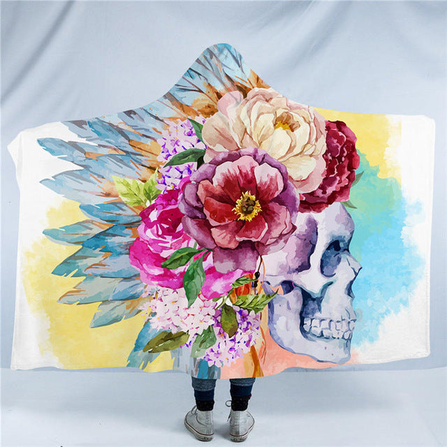 BeddingOutlet Skull Collection Hooded Blanket 3d Blue Fire Flame Sherpa Fleece Wearable Blanket Floral Stylish Throw Blanket