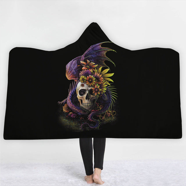 Sugar Flower Skull Hooded Blanket Poncho Throw Wearable Fleece Soft Plush Plaid Manta For Adults Funny Large Warm Blankets