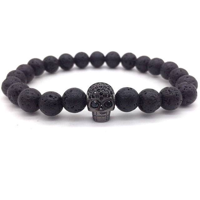 Hot Fashion Trendy Skeleton Charm Bracelet For Men Women CZ Skull Head Men Bracelet Lava Stone Jewelry Gift