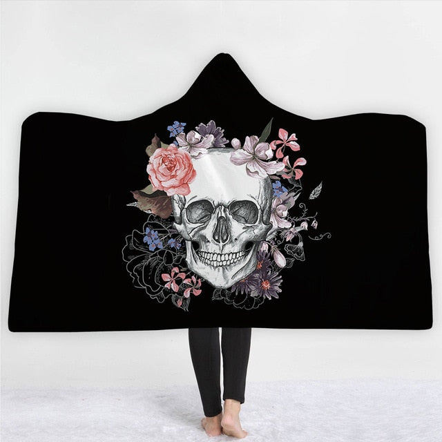 Sugar Flower Skull Hooded Blanket Poncho Throw Wearable Fleece Soft Plush Plaid Manta For Adults Funny Large Warm Blankets