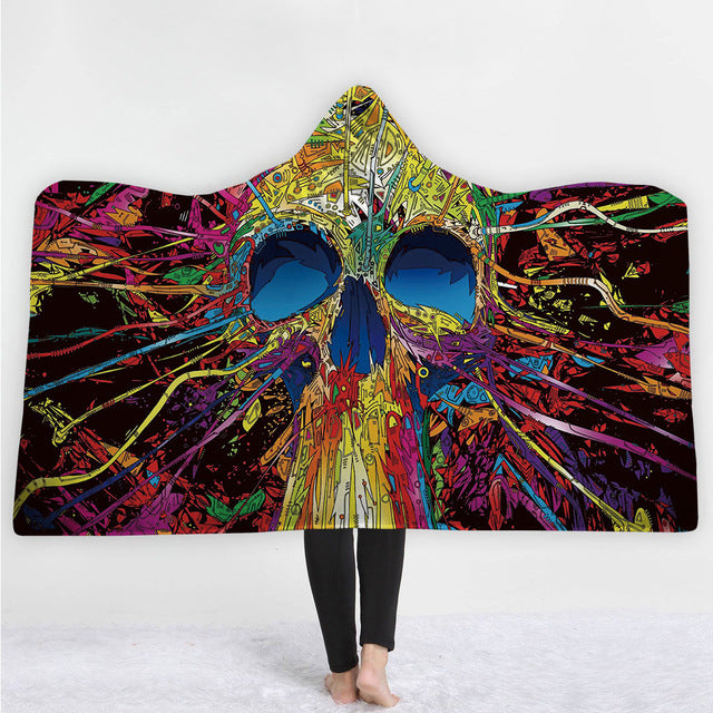 Sugar Flower Skull Hooded Blanket Poncho Throw Wearable Fleece Soft Plush Plaid Manta For Adults Funny Large Warm Blankets