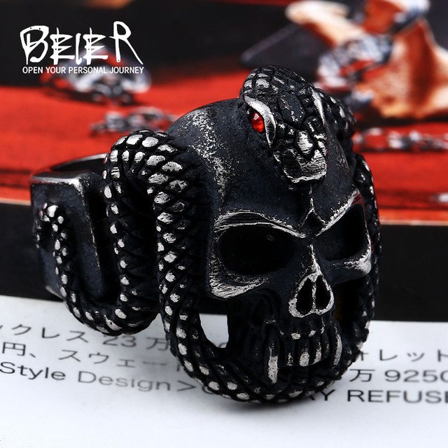 retro style stainless steel Vintage snake ring with red stone devil skull biker exquisite jewelry for man  BR8-440