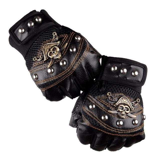 Fashion Men Ridding Gloves Pirates of the Caribbean Captain Skull Accessories Half-finger Glove Rivet Breathable Sport Glove