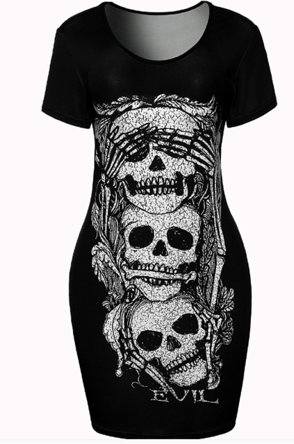 Black Punk style dress Skull Printed casual Streetwear Rock&Roll short dresses Summer New
