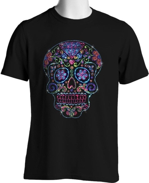 Rhinestone Studs Sugar Skull T Shirt Bling Fashion Mens dia de Muertos S to 4XL