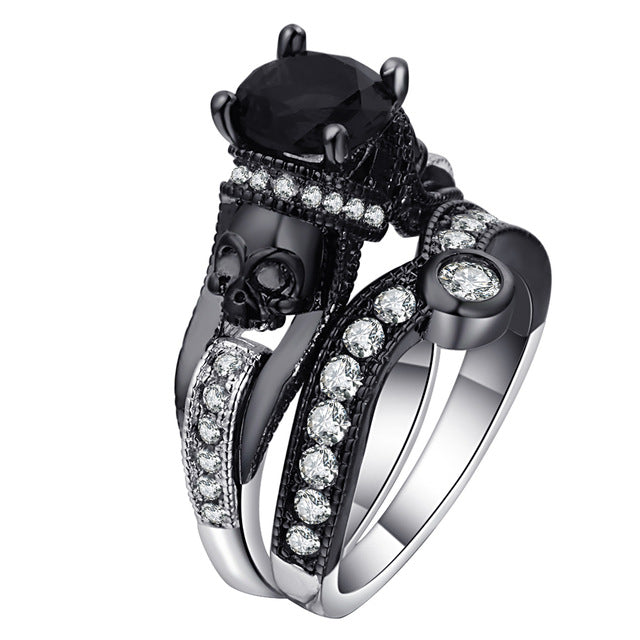 Black Skull Ring Set 925 Sterling Silver Color Fashion Wedding & Engagement Crystal Ring Set Jewelry For Women