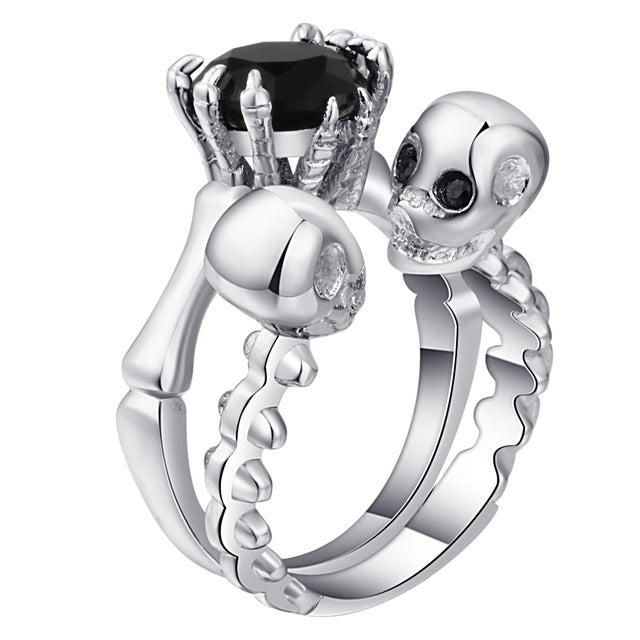 Men's double Skull Ring sets Rhodium Plated Princess cut 6mm Black Zircon Women's Wedding Ring Punk Jewelry Size 6-10