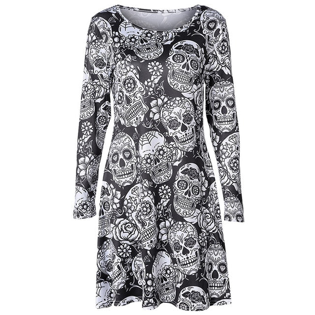 Skull Print Dress Robe Femme Long Sleeve Casual Dress