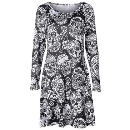 Skull Print Dress Robe Femme Long Sleeve Casual Dress