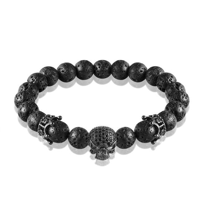 Brand Fashion Natural Beads Strand Bracelet Micro Pave CZ Black Skeleton Skull Corwn Lava Rock Stone Energy Men Buddha Jewelry