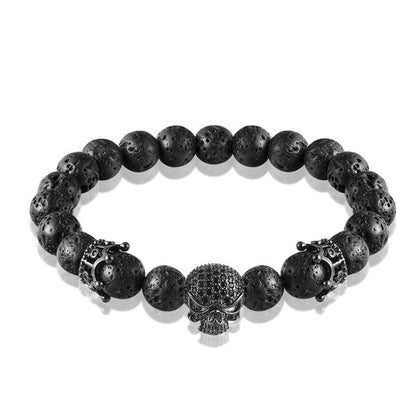 Brand Fashion Natural Beads Strand Bracelet Micro Pave CZ Black Skeleton Skull Corwn Lava Rock Stone Energy Men Buddha Jewelry