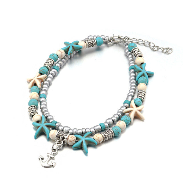 Tenande Bohemian Shell Beads Starfish Anchor Anklets Bracelets for Women Beach Leg Chain Ankle Chain Sandals Foot Jewelry