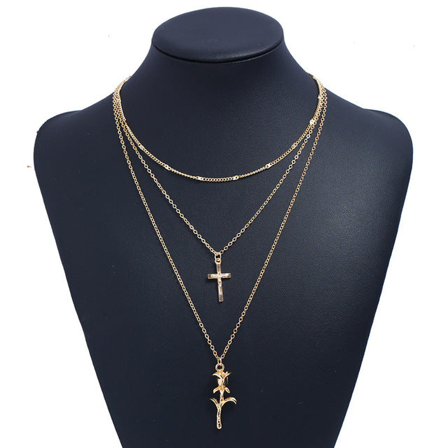 Bohemian Multilayer Rose Cross Pendant Necklace for Women Vintage Gold Color Party Charms Choker Necklace Collar Jewelry Gift
