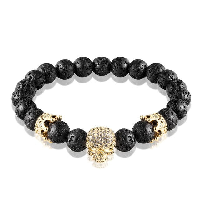 Brand Fashion Natural Beads Strand Bracelet Micro Pave CZ Black Skeleton Skull Corwn Lava Rock Stone Energy Men Buddha Jewelry