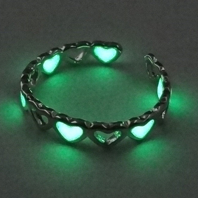 Adjustable Heart Shape Luminous Ring Glowing in Dark Silver Color Rings