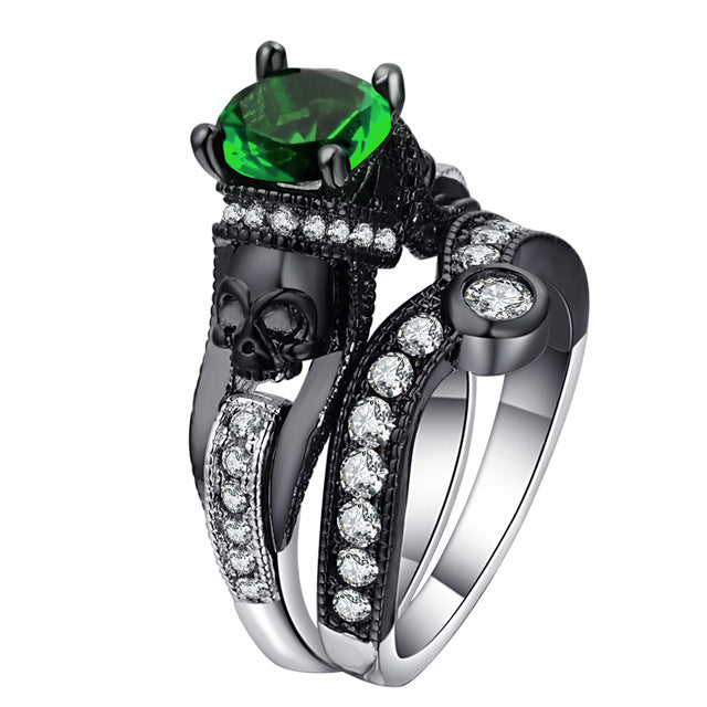 Black Skull Ring Set 925 Sterling Silver Color Fashion Wedding & Engagement Crystal Ring Set Jewelry For Women