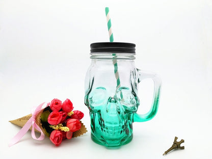 500ml colored skull straw mug with lid handle Mason bottle juice drink