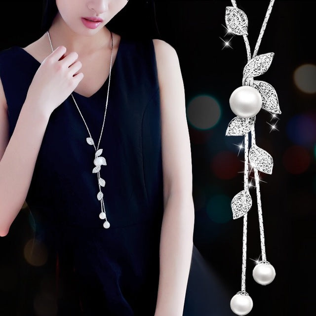 Imitation Pearl Necklaces Retro Hot Popular Vintage Leaf Pearl Collar Statement Necklace Long Jewelry For Women