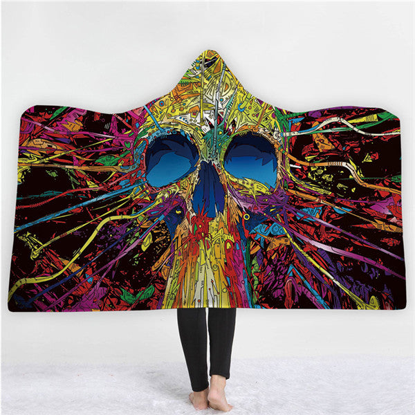 Halloween Skull Hooded Blanket Winter Warm Coral Fleece Printed Portable Anti-Pilling Soft Fluffy Blanket Thick Luxury Family